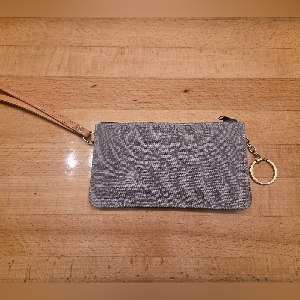 Dooney & Bourke Signature Logo Canvas Wristlet Gray With Strap/ Keyring